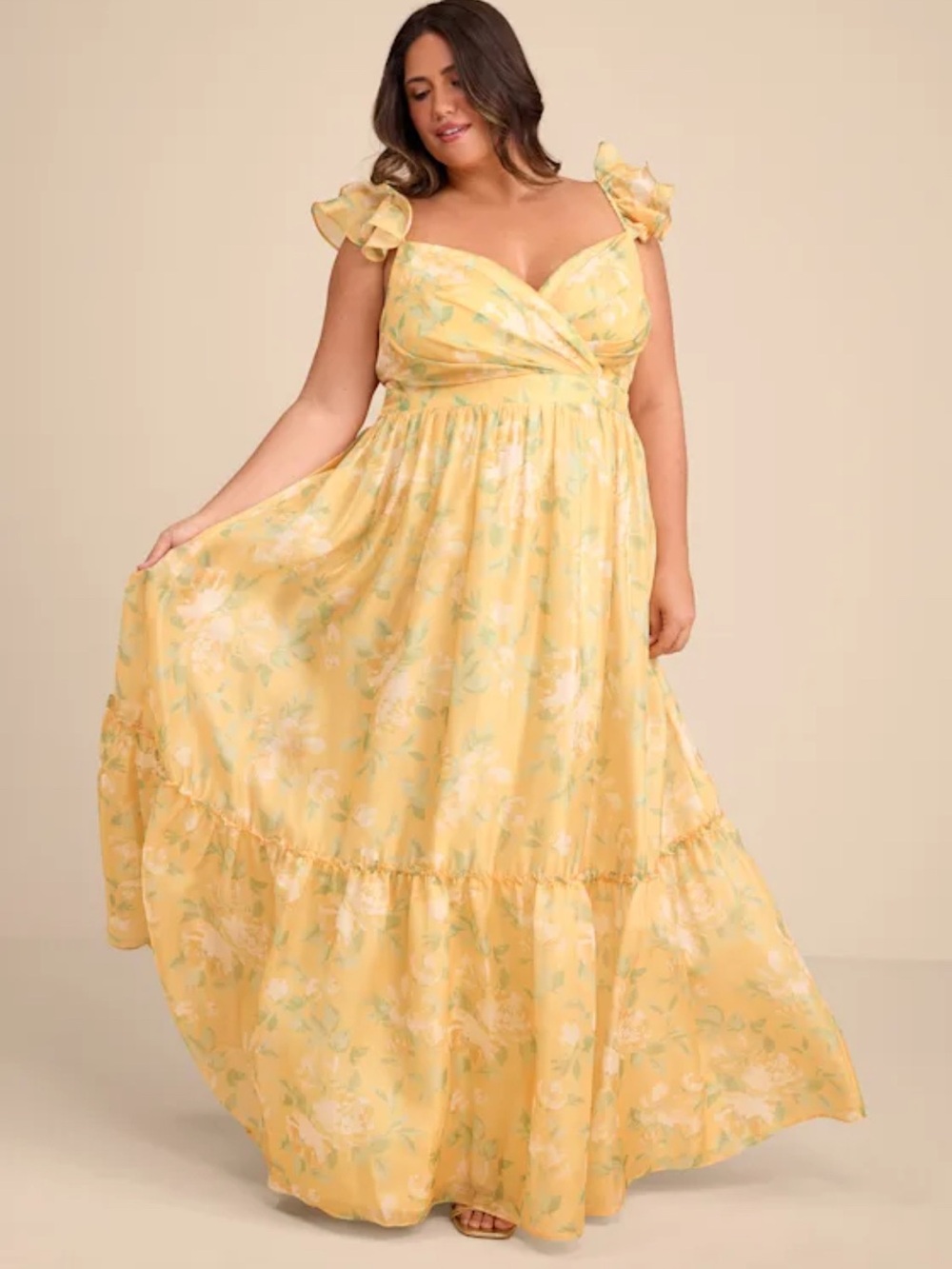 NWOT Lulus Soiree Perfection Yellow Floral Ruffled Tiered Maxi Dress size XL
